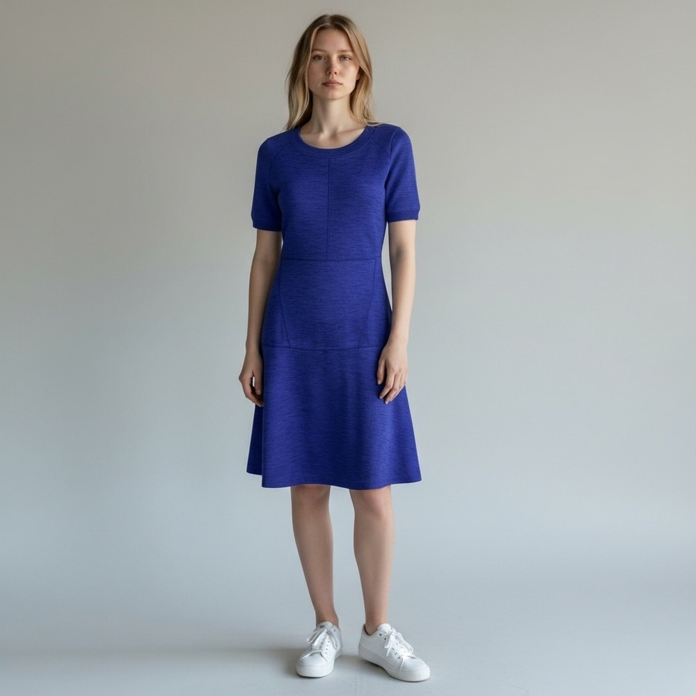 Athleta Royal Purple Blue Textured Knit Short Sleeve Fit Flare Dress Women's‎ XS